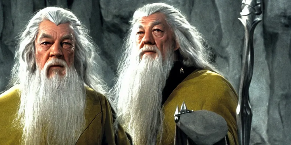 Prompt: Gandalf in the role of Captain Kirk in a scene from Star Trek the original series