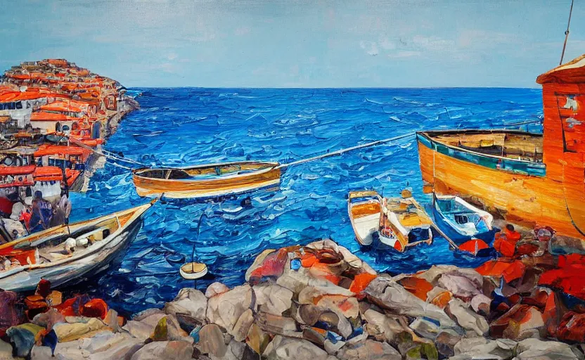 Prompt: wide big painting of a fishing boat in Boccadasse. Fishes. Many sailors. Italian. Fishing net. Wooden boat. Very dynamic. Water. Sea. Great colors. Oil on canvas.