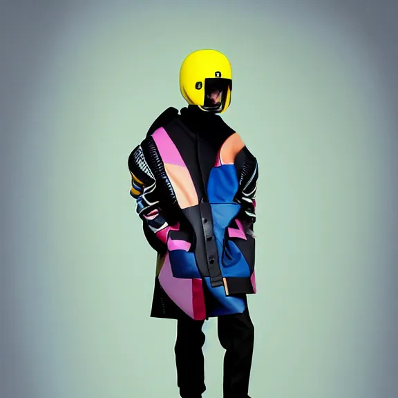 Prompt: model in motorcycle helmet wearing baggy colorful 9 0 s jacket by rick owens. magazine ad. geometric pastel background.