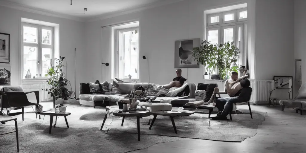 Prompt: a nordic interior design at the camera 8 k, muscular men admiring the furniture