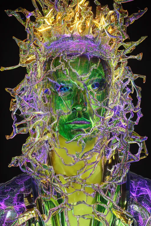 Prompt: hyper detailed ultra sharp portrait of baroque and bladerunner delicate neon glass sculpture of seductive albino christian santamaria, tigers green iridescent humanoid deity wearing metallic hoody made out of hands holding the sun prismatic dungeon, glowing blue face, crown of white diamonds, cinematic lighting, photorealistic, octane render 8 k depth of field 3 d