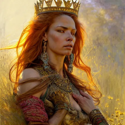 Prompt: highly detailed full portrait of a majestic lioness queen in the form of a beautiful woman. d & d, art by donato giancola and ruan jia and carl larsson and magali villeneuve. trending on artstation, intricate details, energetic composition, golden ratio, concept art, illustration, elegant art