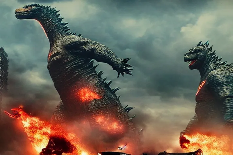 Image similar to two godzillas sitting in the living room couch playing playstation, cinematic, epic lighting, still shot from the new godzilla movie