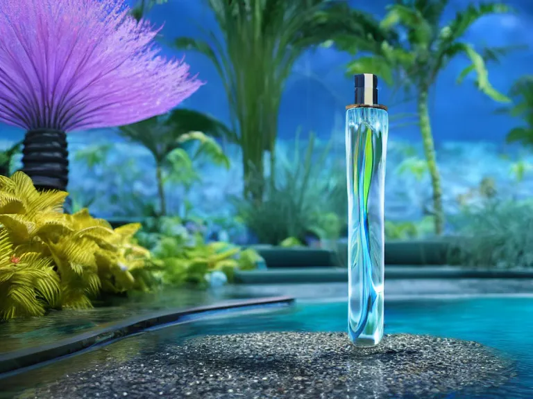 Prompt: perfume bottle standing in a desert oasis in deep blue pond water surrounded by tropical flowers by zaha hadid ; octane highly render, 4 k, ultra hd, 2 0 0 mm, mute dramatic colours, soft blur outdoor stormy sea background, illuminated lighting