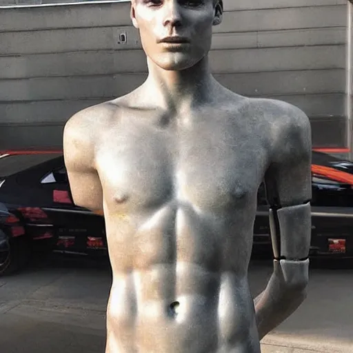 Image similar to “a realistic detailed photo of a guy who is an attractive humanoid who is half robot and half humanoid, who is a male android, Max Verstappen, shiny skin, posing like a statue, blank stare”