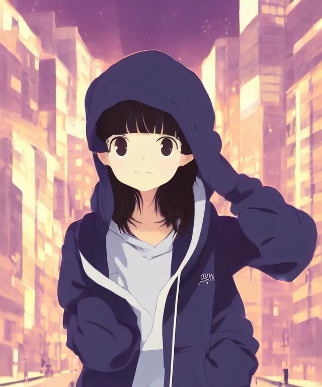 Image similar to anime visual, portrait of a young black haired girl wearing hoodie on the city street background, one person, cute face by yoh yoshinari, katsura masakazu, studio lighting, full body shot, strong silhouette, zoom out, ilya kuvshinov, cel shaded, crisp and sharp, rounded eyes, bright