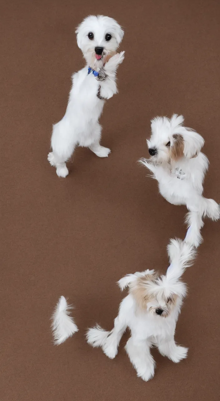 Image similar to photo of maltese puppy dog standing on hind leg begging for food, photorealistic