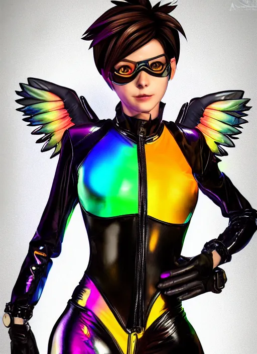 Image similar to portrait bust digital artwork of tracer overwatch, wearing iridescent rainbow latex and leather straps catsuit outfit, neon makeup, in style of mark arian, angel wings, wearing detailed leather collar, chains, black leather harness, detailed face and eyes,