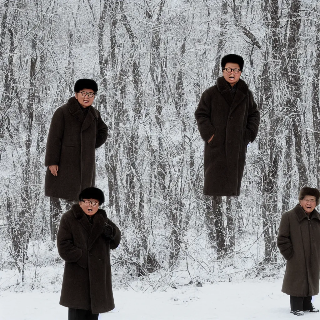 Image similar to filmstill of Kim Jong-il wearing a furry chapka and playing the role of Omar Sharif in Doctor Zhivago by David Lean, man in furry coat, cold Russian landscape, snow and trees, minimal composition, 1965, cinemascope, Eastman Color Negative 50T 5251 Neg. Film, epic romance