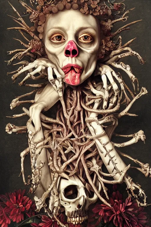 Image similar to Detailed maximalist portrait with large lips and with large white eyes, exasperated expression, extra fleshing limbs, botany bones, HD mixed media, 3D collage, highly detailed and intricate, surreal illustration in the style of Caravaggio, dark art, baroque