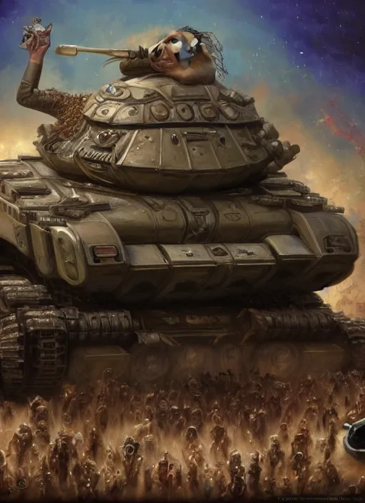 Prompt: a pig that is an army tank, surrounded by worshippers, cosmic horror painting, elegant intricate digital painting artstation concept art by mark brooks and brad kunkle detailed