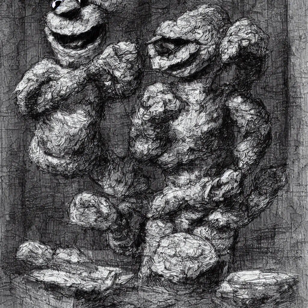 Image similar to cookie monster by piranesi, composition, cinematic, rule, grid