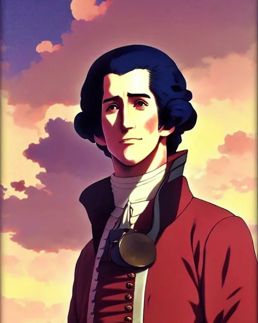 Prompt: Anime as George Washington. Handsome face. Warm smile. Realistic shaded. Perfect face. Fine details. Anime. Realistic shaded lighting. During golden hour!!! Ilya Kuvshinov. Katsuhiro Otomo. Ghost in the shell. Magali Villeneuve. artgerm. Jeremy Lipkin. Michael Garmash. Rob Rey,