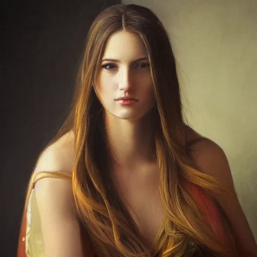 Prompt: A portrait of the most beautiful girl in the world, oil painting, majestic, detailed, high resolution