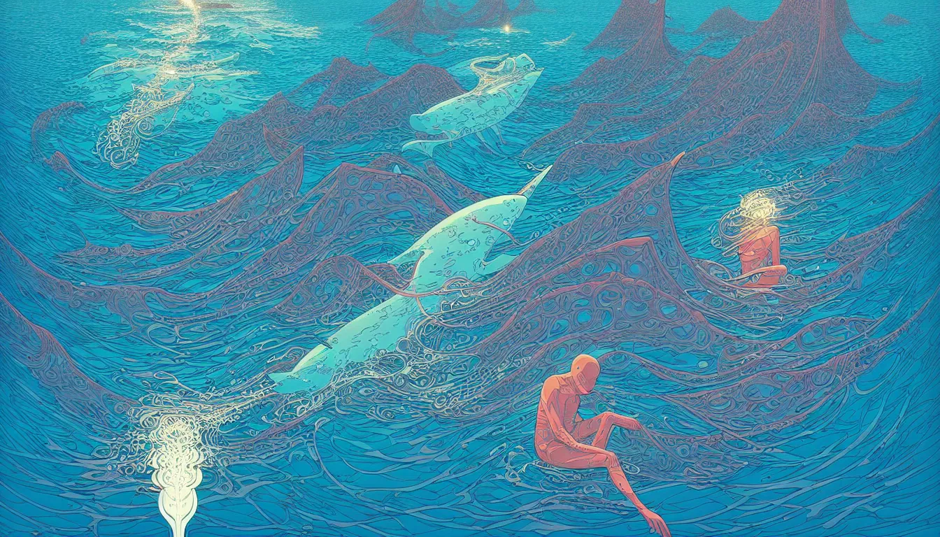 Image similar to calm open ocean, moebius, victo ngai, josan gonzalez, kilian eng