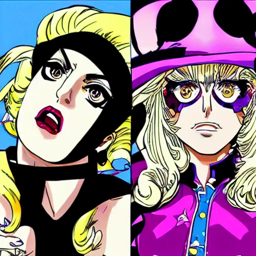 Image similar to Lady Gaga in the style of Jojo’s Bizarre Adventure manga style, jojo cover art, Jojolion art style, Steel Ball Run art style, Illustrated by Hirohiko Araki