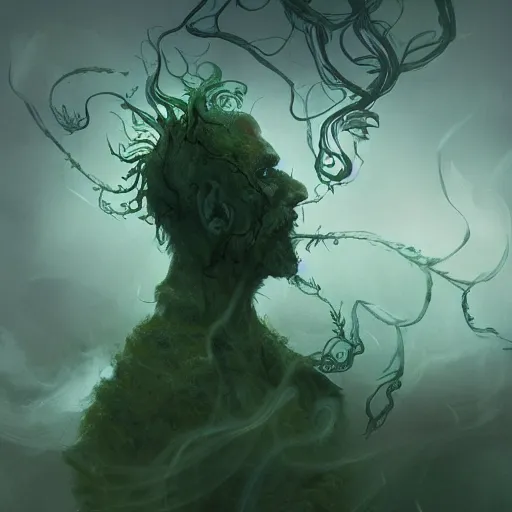 Image similar to side view of a man made of swirling smoke and tendrils of fog, with ivy, twilight colors and green, cinematic, highly detailed, digital painting, artstation, concept art, smooth, sharp focus, illustration