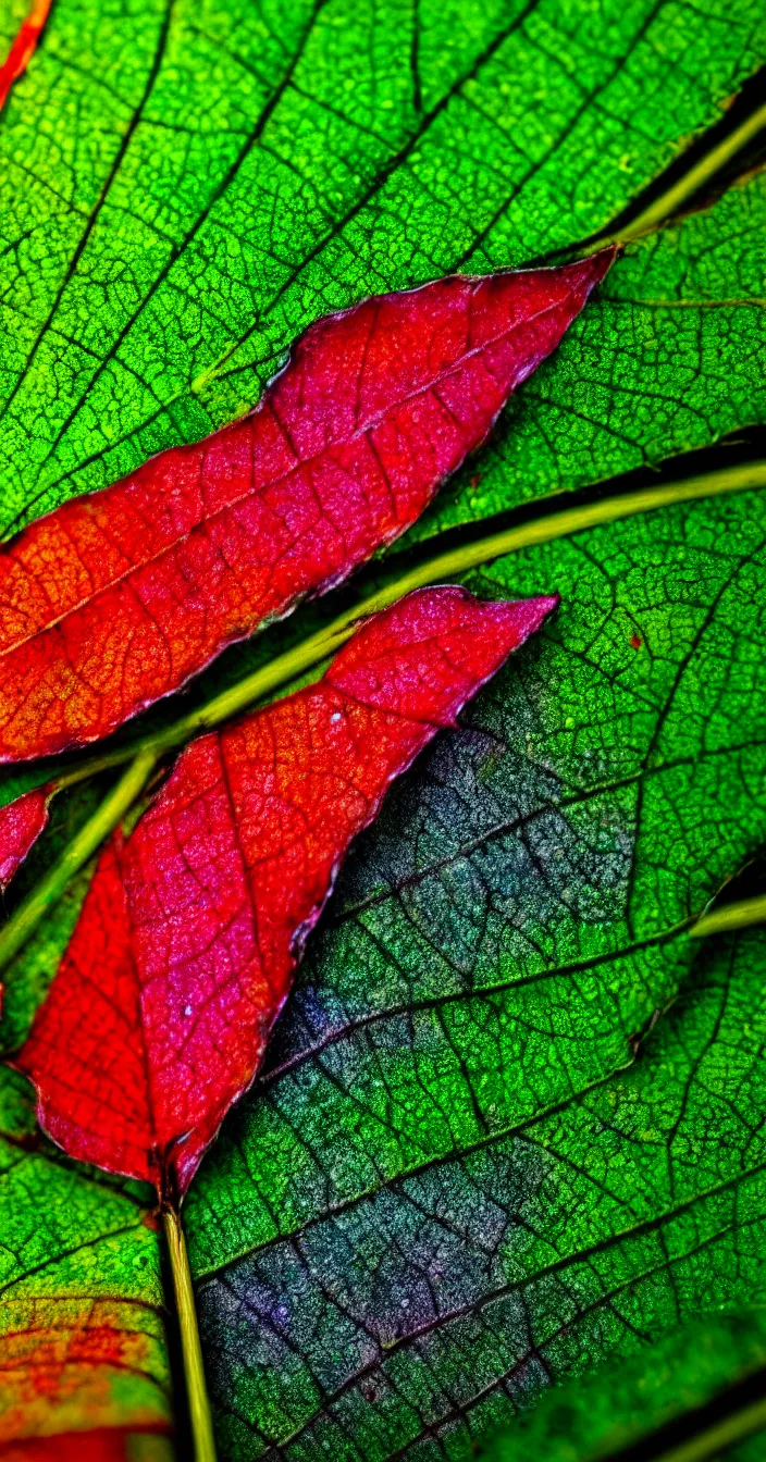 Prompt: highly detailed realistic photo of multi colored textured leaf, dark background, award winning masterpiece photography, hyper realistic, concept art, 8 k detail post - processing