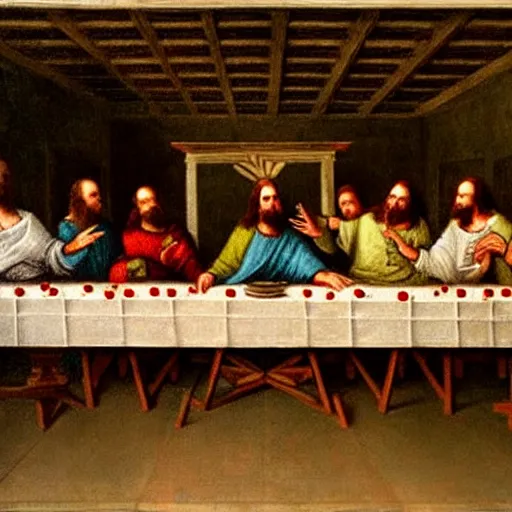 Prompt: nic cage in the last supper as painted by da vinci