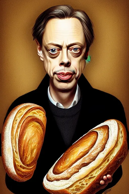 Image similar to beautiful portrait half steve buscemi wearing sourdough bread, by greg rutkowski