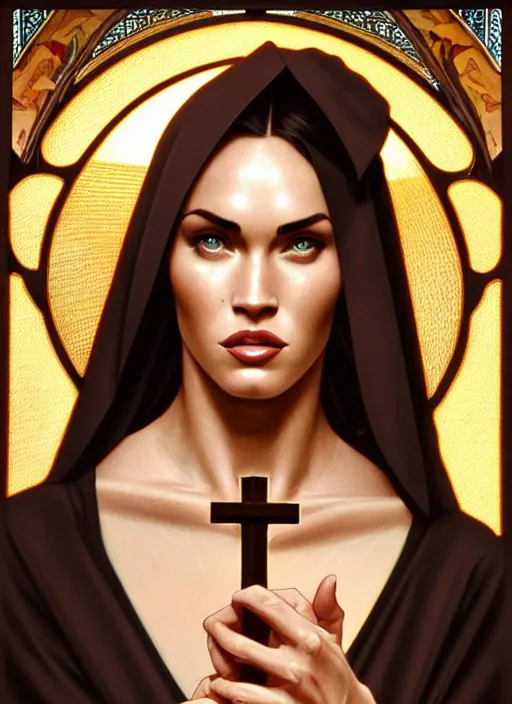 Prompt: portrait of megan fox as a sultry nun, bible, catholic, religion, cross, prayer, church, intricate, headshot, highly detailed, digital painting, artstation, concept art, sharp focus, cinematic lighting, illustration, art by artgerm and greg rutkowski, alphonse mucha, cgsociety