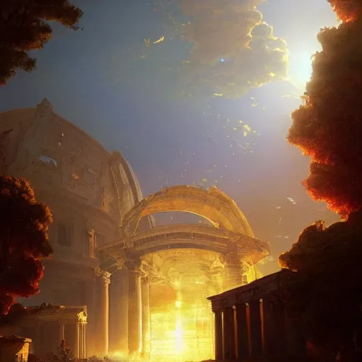 Prompt: Glowing bright UFO at the fall of ancient Rome , by Greg Rutkowski and Thomas Kinkade and Thomas Cole, trending on artstation 4k, volumetric dramatic lighting, intense.