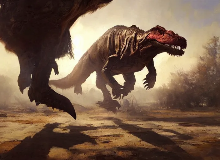 Image similar to oil painting of old rugged tyrannosaurus rex in dusty wild west street, art by anders zorn, wonderful masterpiece by greg rutkowski, beautiful cinematic light, american romanticism by greg manchess, jessica rossier