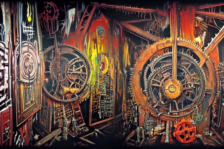 Image similar to the inside of a symmetrical hellish dungeon, mirrors and ancient gears, matte painting, 4 k, epic composition, volumetric light, abstract illusionism, by william stout, jean - michel basquiat, pour paint, modern street art, grunge wall, industrial