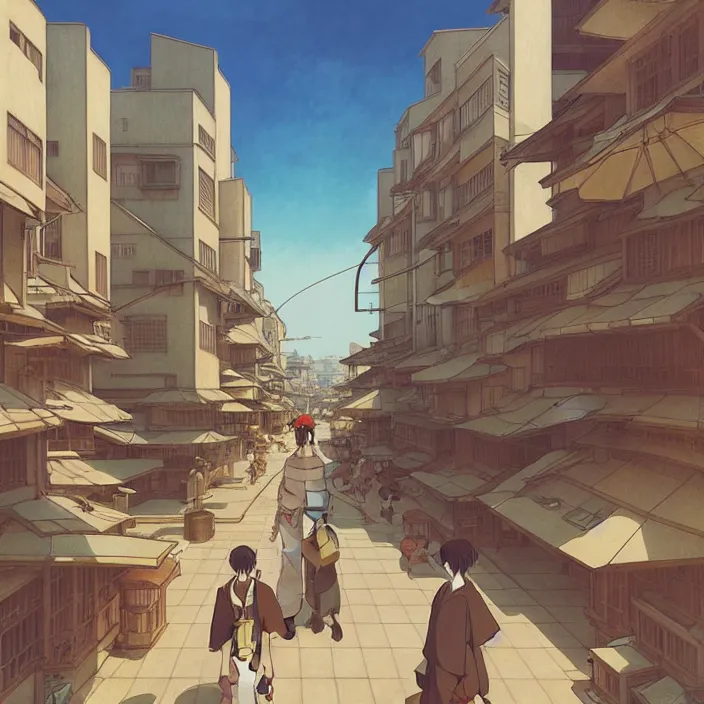 Image similar to empty japanese city, summer, in the style of studio ghibli, j. c. leyendecker, greg rutkowski, artem