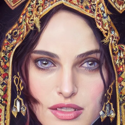 Image similar to a portrait of a woman who looks like a mix of natalie portman and margot robbie as an arabian princess in a disney movie, crown!! oil painting, pale colors, high detail, 8 k, wide angle, trending on artstation,