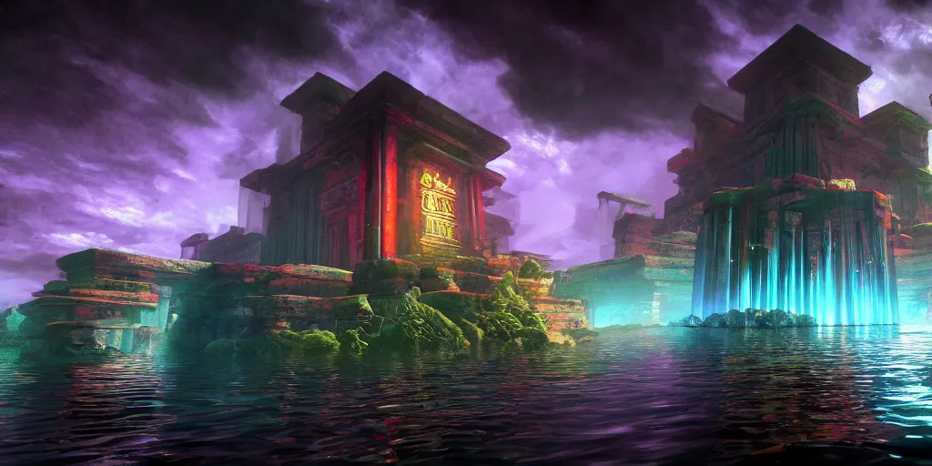 Image similar to floating water temple inside a void, kelly freas, colorful, unreal engine, high contrast, 4 k, desktop wallpaper