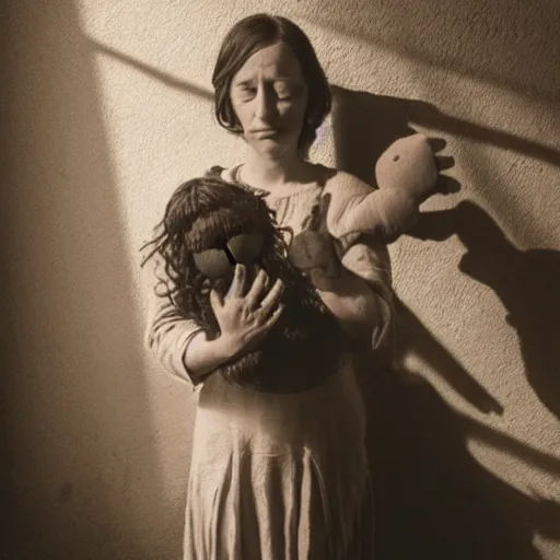 Image similar to a portrait of a woman made entirely of hands and fingers, soft sunlight dappling on her, she holds a hand puppet, in ancient airy building, award-winning photo