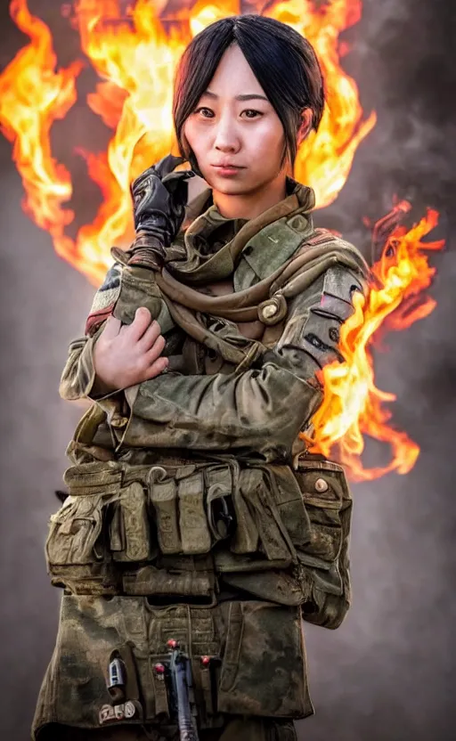 Image similar to portrait photo of a female and asian tank commander, highly detailed, smoke and flames in the background, high resolution, cosplay photo, stunning, girls frontline style, bokeh soft, shot on 90mm, zenithal lightning, trending on instagram, by award winning photographer, realistic human anatomy, real human faces, realistic military carrier, soldier clothing, modern warfare, she is shouting and pointing to front, shot with a professional camera, low saturation, soldier clothing