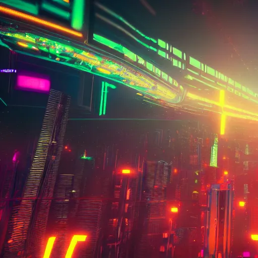 Image similar to synthwave neon megacity in space, cinematic, highly detailed, photograph, scifi, micro detail, octane render, physically based rendering, insane details, photorealism, fantasy, 8 k, cgsociety