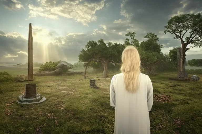 Image similar to scene with a beautiful realistic blond priestess, 30 years old woman, praying, standing in front of an altar in an antic sanctuary, horizon at dawn, some clouds, runic stones and columns in the background, some oak fantasy trees, cinematic light, digital painting by Magali Villeneuve and wlop, atmospheric effects, fireflies, 4K, octane render, artstation, deviantart