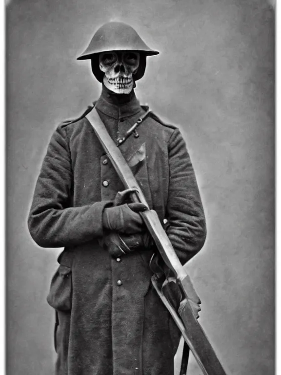 Image similar to portrait of grim reaper, ww1 photo, grainy, high detail, high resolution,