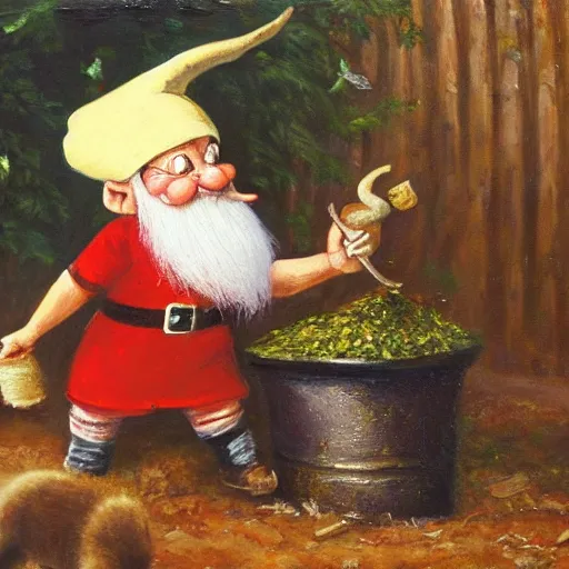 Image similar to a gnome having delight with goat manure, a detailed oil painting