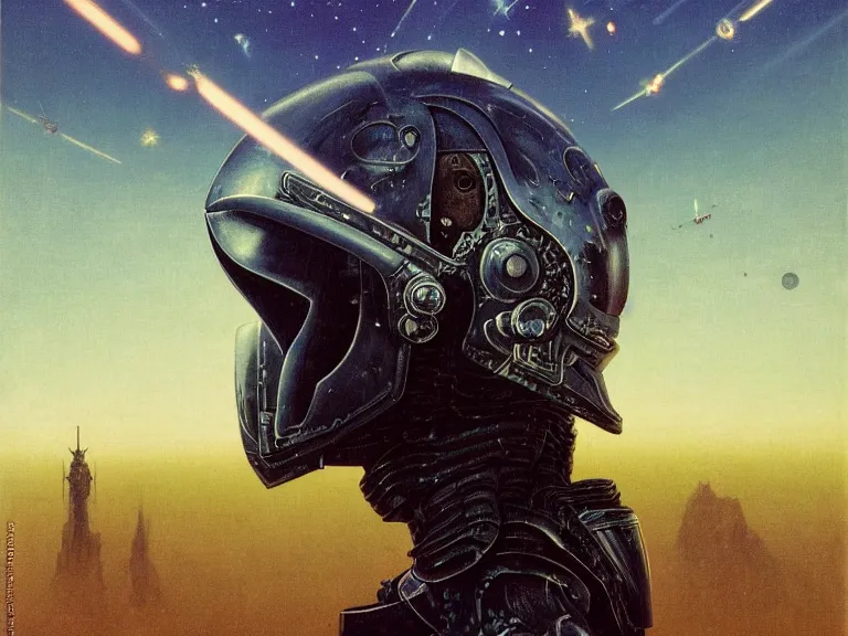 Prompt: a detailed profile painting of a bounty hunter in armour and visor, cinematic sci-fi poster. Spaceship high in the background. Flight suit, anatomy portrait symmetrical and science fiction theme with lightning, aurora lighting clouds and stars. Planet backdrop. Clean and minimal design by beksinski carl spitzweg giger and tuomas korpi. baroque elements. baroque element. intricate artwork by caravaggio. Oil painting. Trending on artstation. 8k