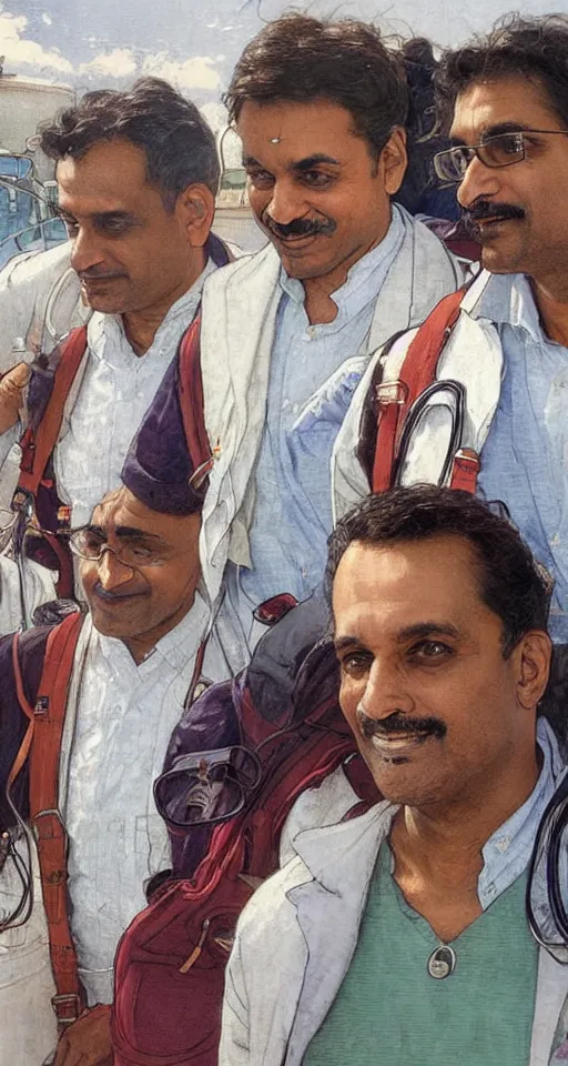 Prompt: close up of three Indian doctors in scrubs disembarking at Heathrow, sun shining, photo realistic illustration by greg rutkowski, thomas kindkade, alphonse mucha, loish, norman rockwell.