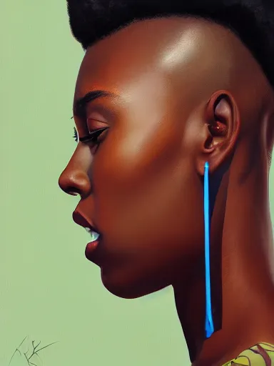 Prompt: detailed side profile portrait painting of a black girl, realistic, artstation, symmetrical, digital painting, in the style of kehinde wiley, artem demura, krenz cushart