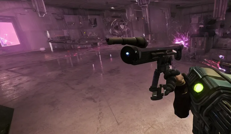 Prompt: Susie Essman aiming a sniper rifle in a video game, screenshot, wide shot, low angle, System Shock 2, Fallout New Vegas, Deus Ex, Doom Eternal, Quake, Perfect Dark, Bioshock, Half Life 2, Alien Isolation, Soma, Dead Space