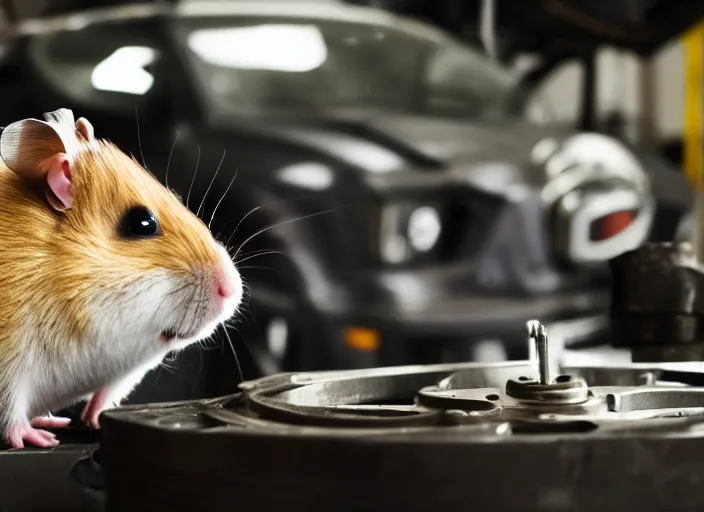 Image similar to film still of a hamster working as a mechanic in an auto shop, 8 k