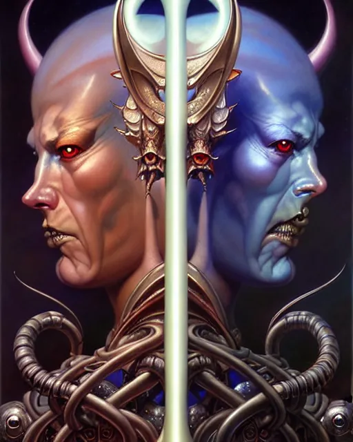 Image similar to beautiful gemini good and evil fantasy character portrait, ultra realistic, wide angle, intricate details, the fifth element artifacts, highly detailed by peter mohrbacher, hajime sorayama, wayne barlowe, boris vallejo, aaron horkey, gaston bussiere, craig mullins