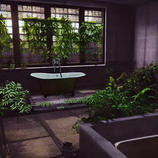 Image similar to a bathroom with a lot of plants inside of it, cyberpunk art by Gregory Crewdson, unsplash, ecological art, reimagined by industrial light and magic, rendered in unreal engine, diorama