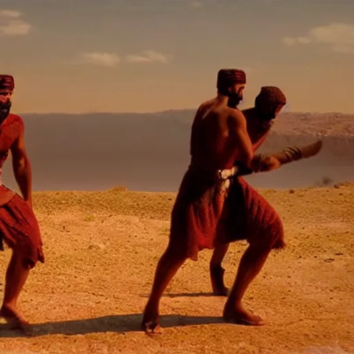 Image similar to cinematic still of silhouettes of two Mediterranean skinned men fighting in ancient Canaanite clothing, wrestling, knife, middle eastern field background, red hues, directed by Russell Mulcahy