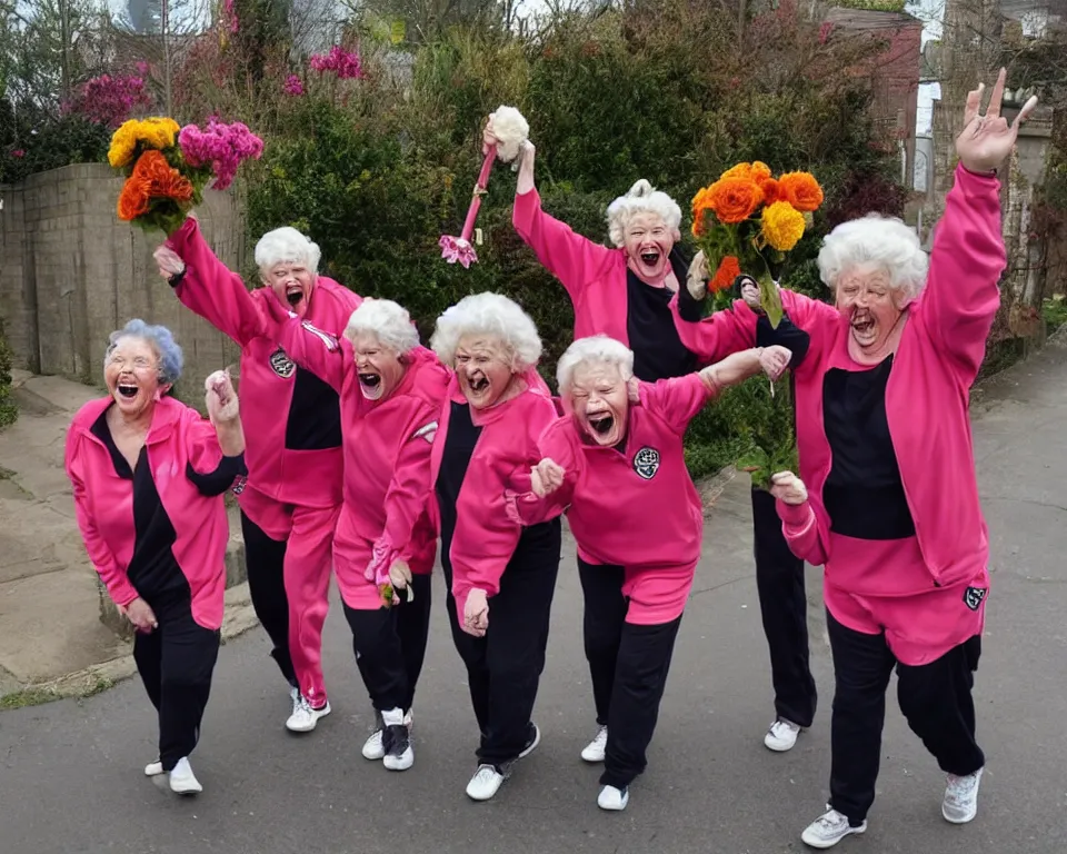 Image similar to a gang of old ladies waving flowers and large hammers, and wearing Umbro track suits laughing maniacally and screaming