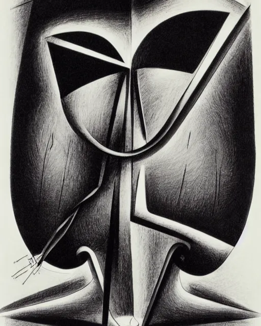 Image similar to portrait of a demon. Line drawing by Oskar Schlemmer. Pen and ink by Dali.