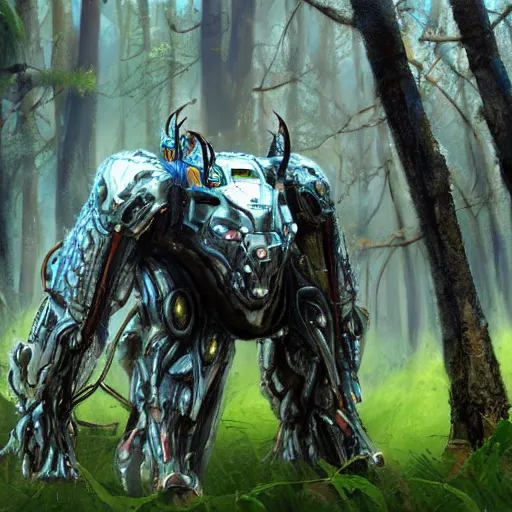 Prompt: realistic mech beast cyber fantasy magitech creature out in the woods