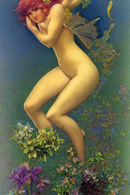 Image similar to a beautiful faerie, golden ratio, detailed, rainbowshift, by maxfield parrish and brian froud