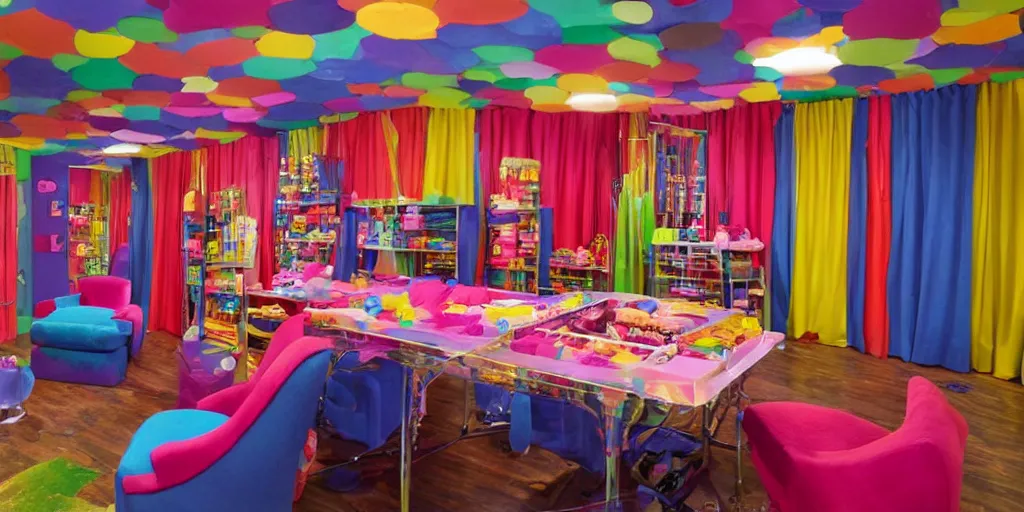 Image similar to a colorful theater dressing room made of candy